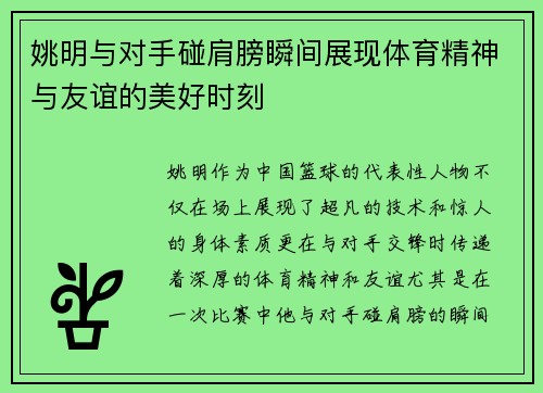 姚明与对手碰肩膀瞬间展现体育精神与友谊的美好时刻